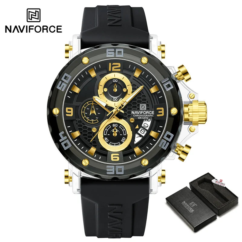 ساعة NAVIFORCE للرجال كوارتز عصرية مقاومة للماء حتى 5ATM ساعات رجالية كرونوغراف عقارب مضيئة حزام سيليكون خفيف الوزن