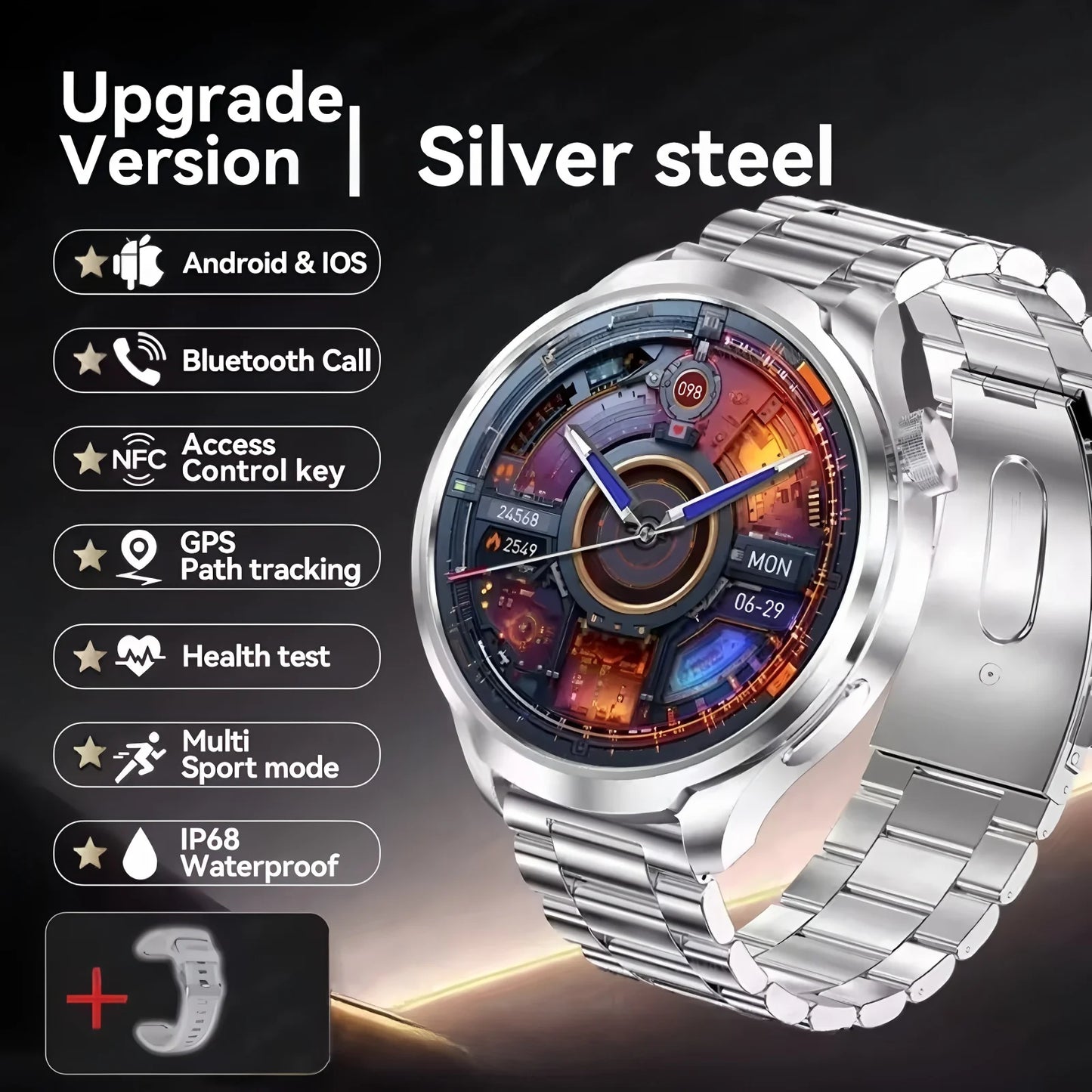 ساعة ذكية رياضية مزودة بنظام تحديد المواقع العالمي (GPS) - شاشة AMOLED مقاس 1.85 بوصة، وجهاز مراقبة معدل ضربات القلب وضغط الدم