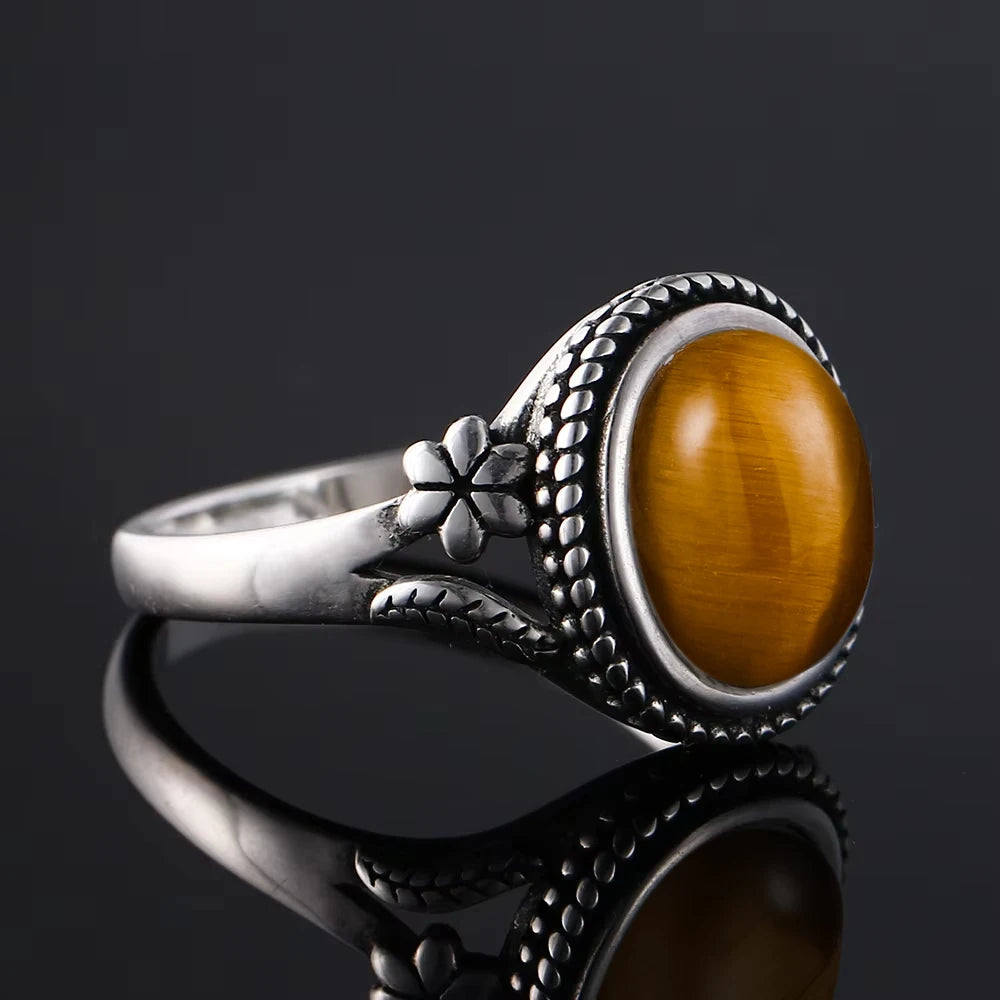 خاتم عين النمر - خاتم إصبع السبابة من الفضة 925 بتصميم زهرة عتيقة
