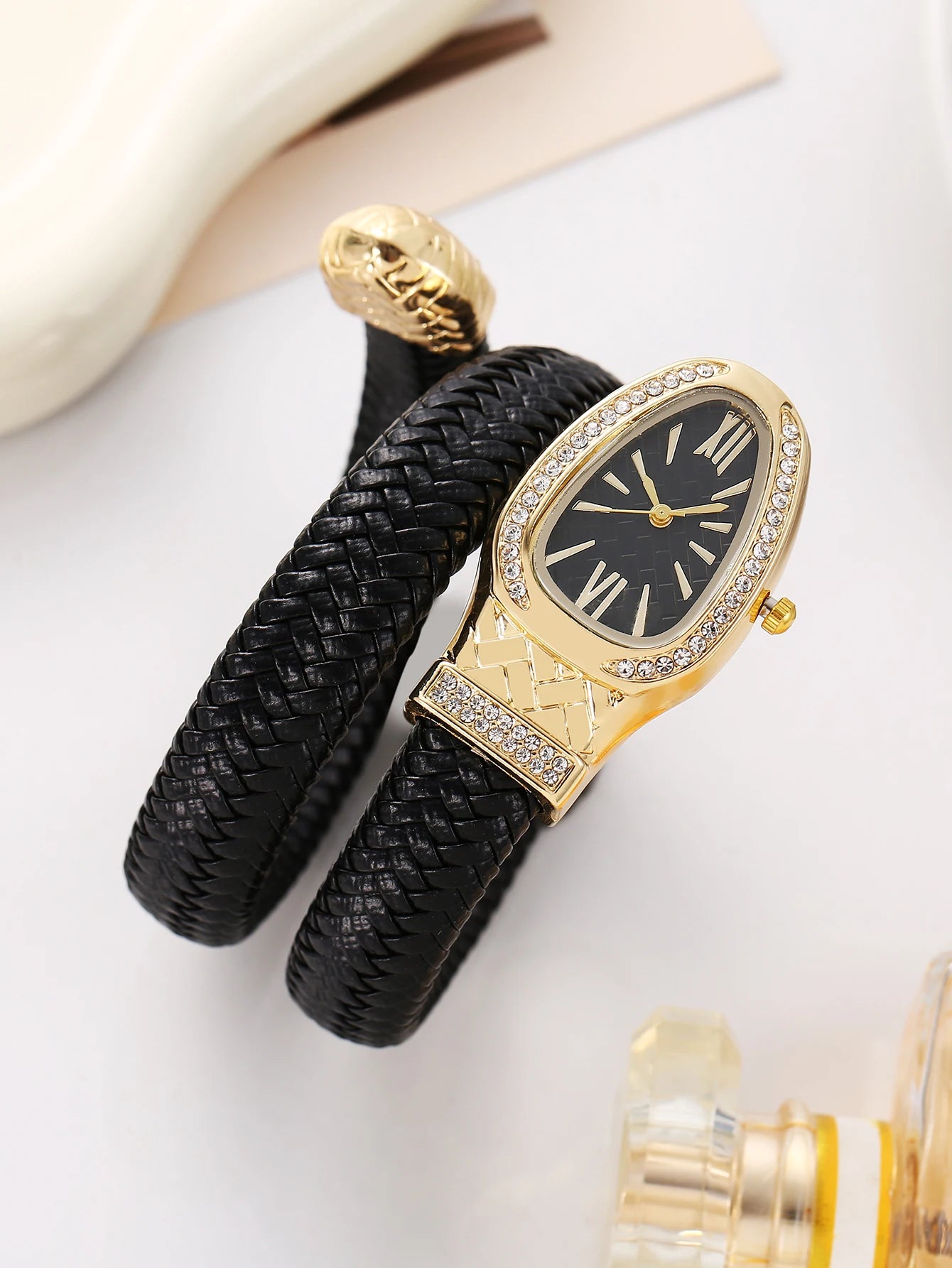 Montre serpent pour femme - Montre à quartz de luxe avec cadran romain orné de strass