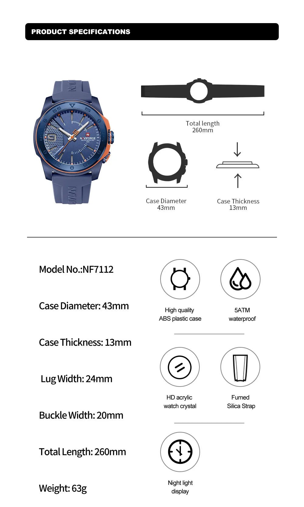 Montre de luxe pour homme NAVIFORCE, mouvement à quartz, bracelet en silicone, étanche à 50 m, aiguilles lumineuses, mouvement japonais, montre-bracelet sport pour homme
