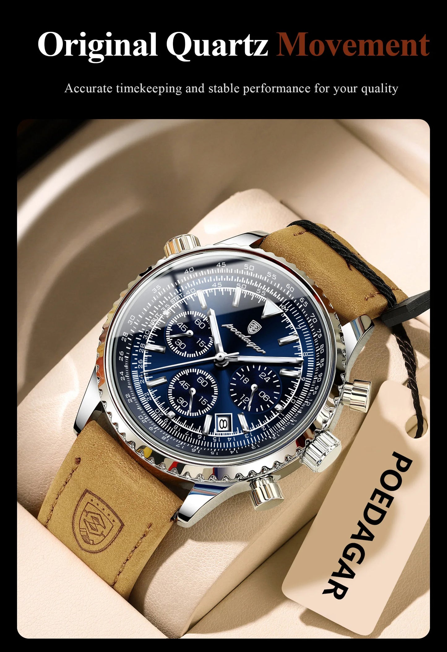 ساعة رجالية فاخرة من ماركة POEDAGAR مقاومة للماء ومضيئة وتاريخ كرونوغراف من الجلد ساعة رجالية كوارتز ساعات عمل أنيقة للرجال