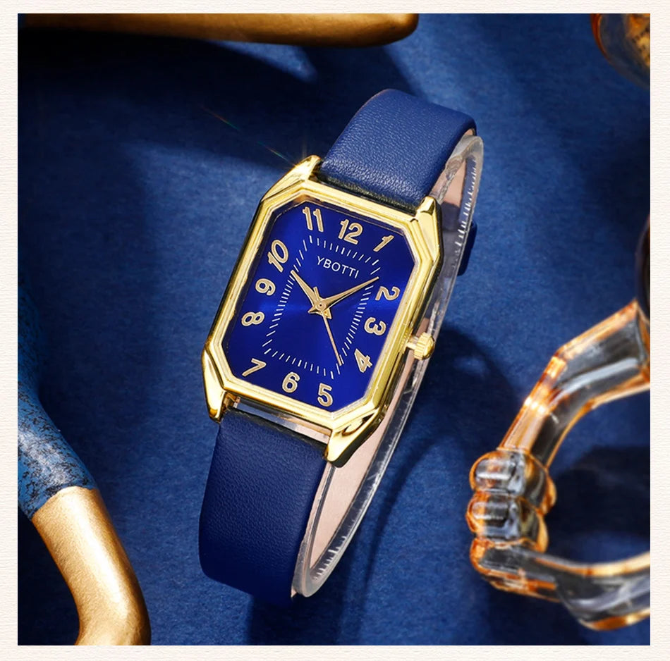 Montre carrée pour femme - Montre-bracelet à quartz avec bracelet en cuir bleu de luxe