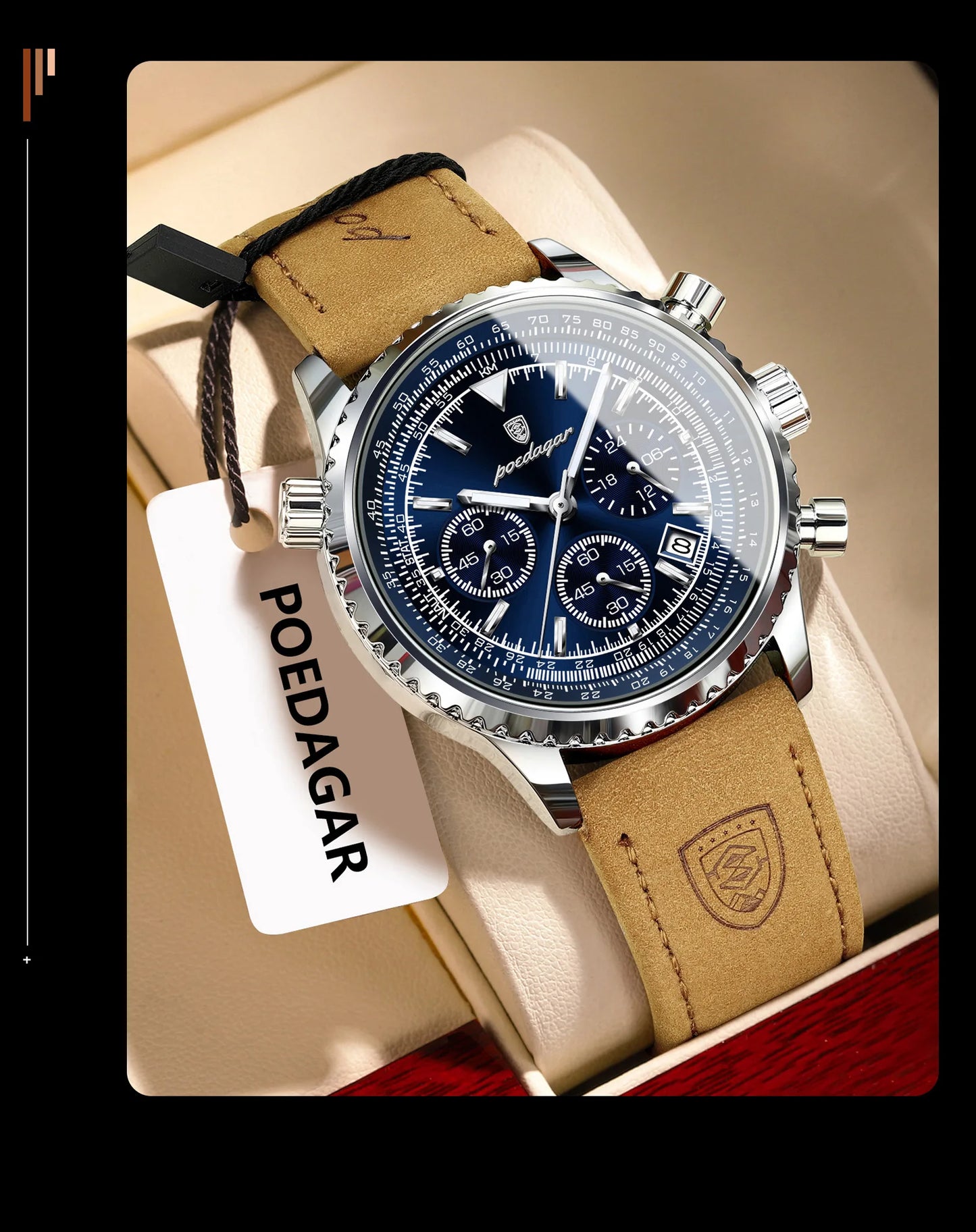 ساعة رجالية فاخرة من ماركة POEDAGAR مقاومة للماء ومضيئة وتاريخ كرونوغراف من الجلد ساعة رجالية كوارتز ساعات عمل أنيقة للرجال