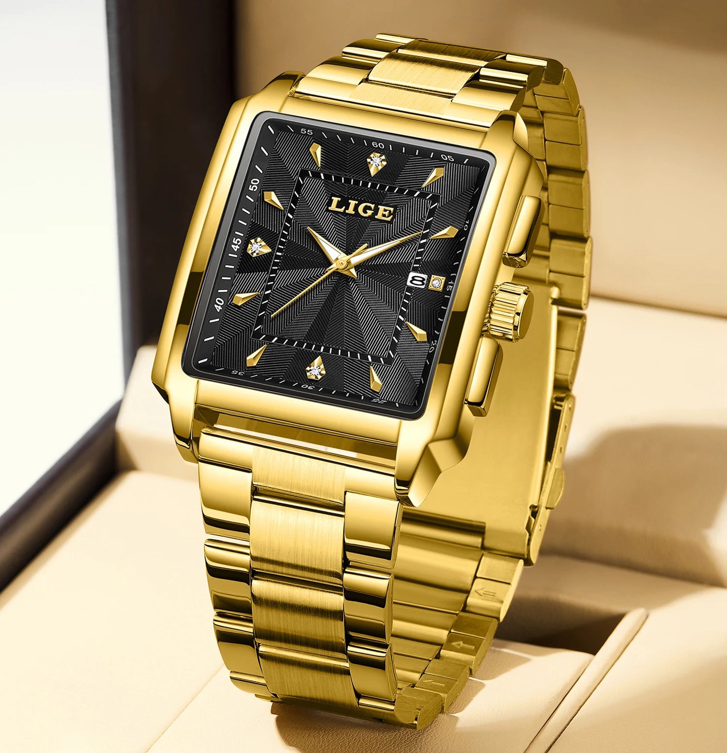 ساعة LIGE العصرية للأعمال للرجال، ساعة رياضية مربعة مقاومة للماء للرجال، علامة تجارية فاخرة، ساعة كوارتز عسكرية كرونوغراف