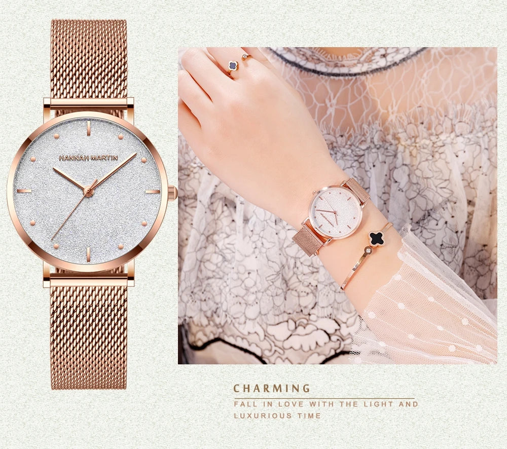 Montre femme Hannah Martin 2025 - Montre de luxe à cadran mat et bracelet en maille