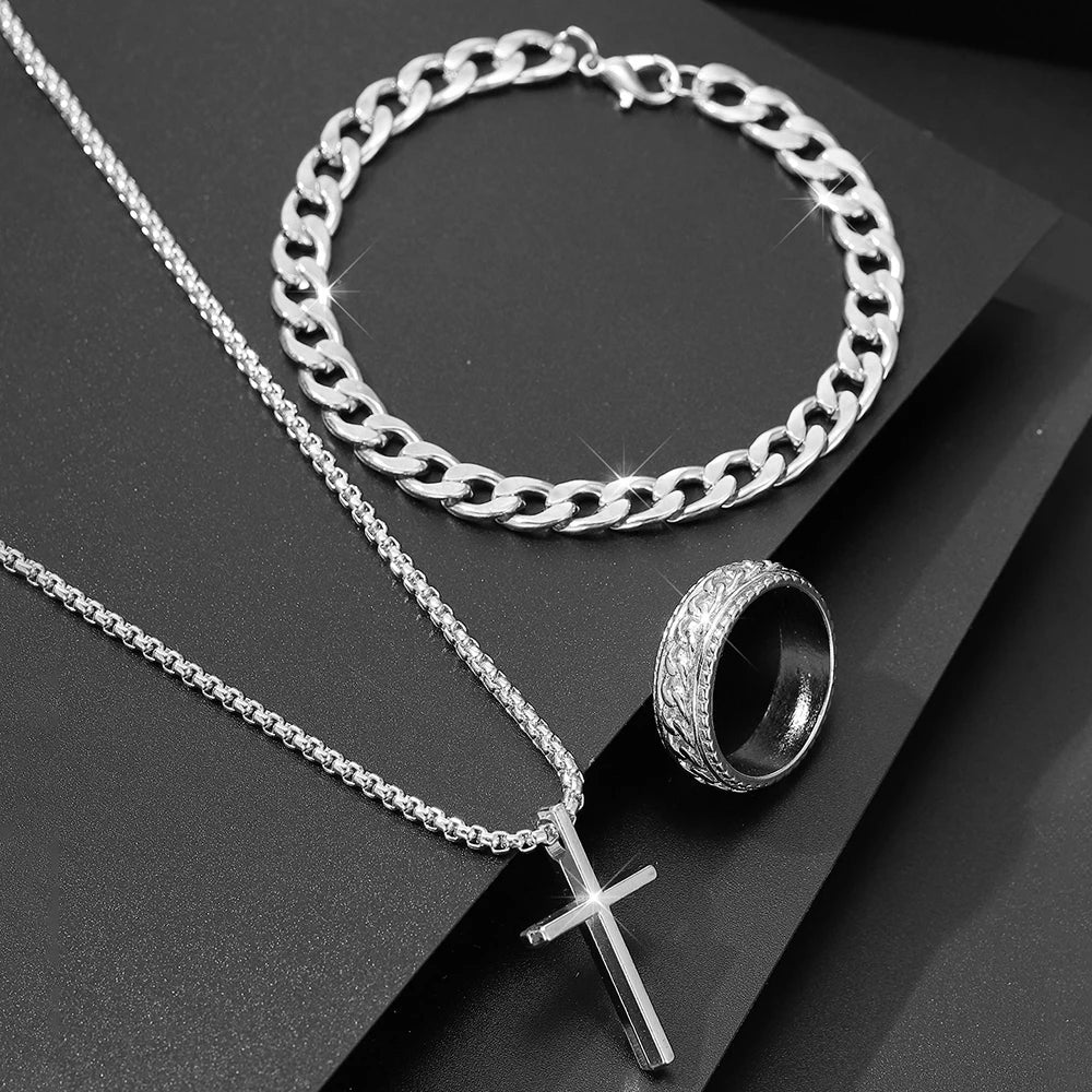 Men's Jewelry Set - 3pcs Cross Pendant Necklace Bracelet Ring Set