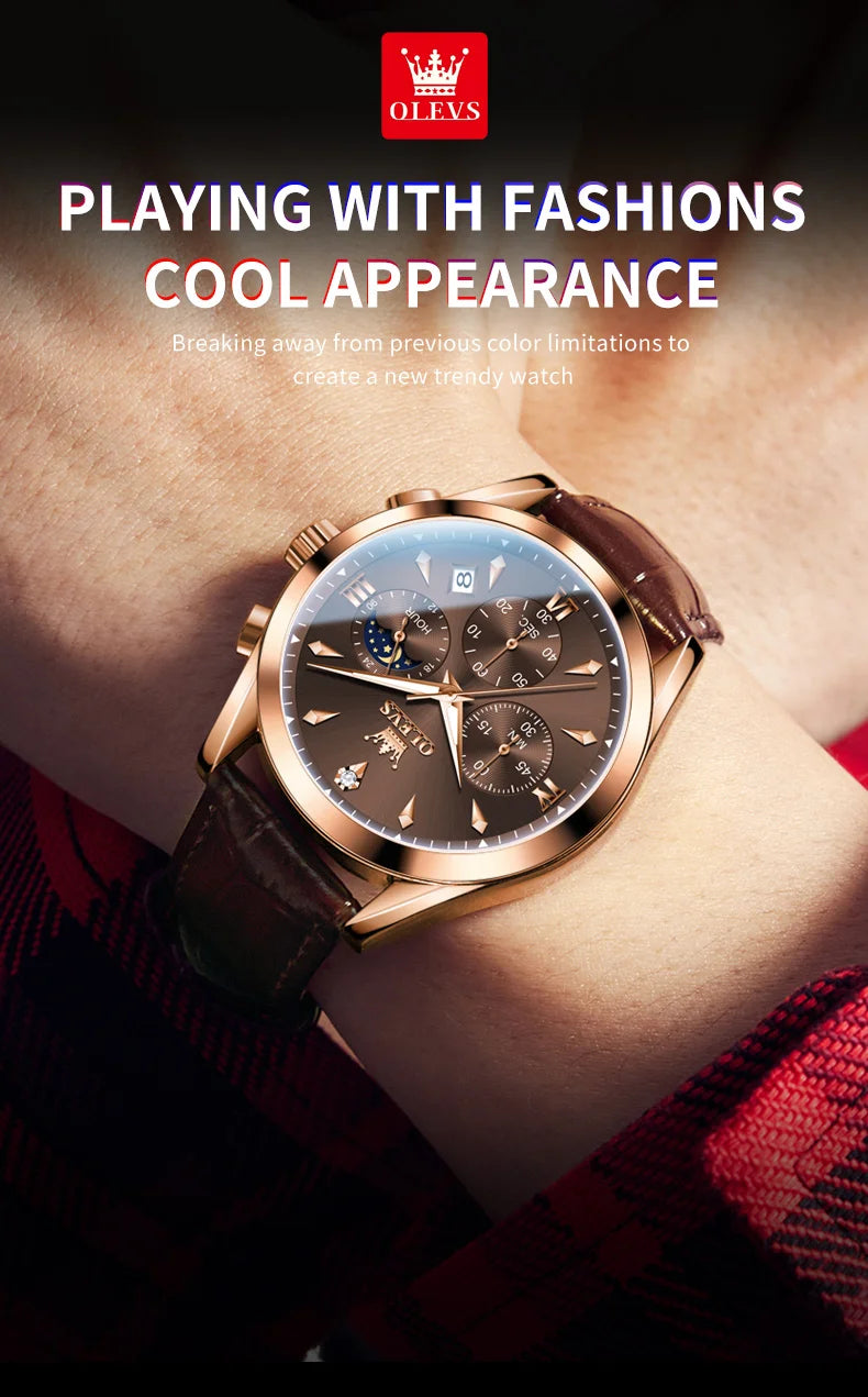 ساعة OLEVS 3609 الأصلية كرونوغراف بمرحلة القمر للرجال بحزام جلدي مقاوم للماء ومضيئة من ماركة فاخرة ساعات معصم كوارتز للرجال