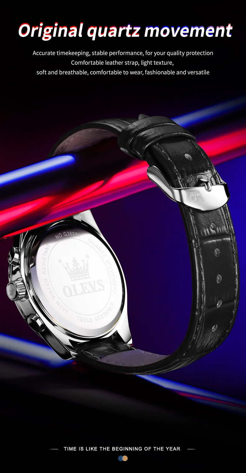 ساعة OLEVS 3609 الأصلية كرونوغراف بمرحلة القمر للرجال بحزام جلدي مقاوم للماء ومضيئة من ماركة فاخرة ساعات معصم كوارتز للرجال