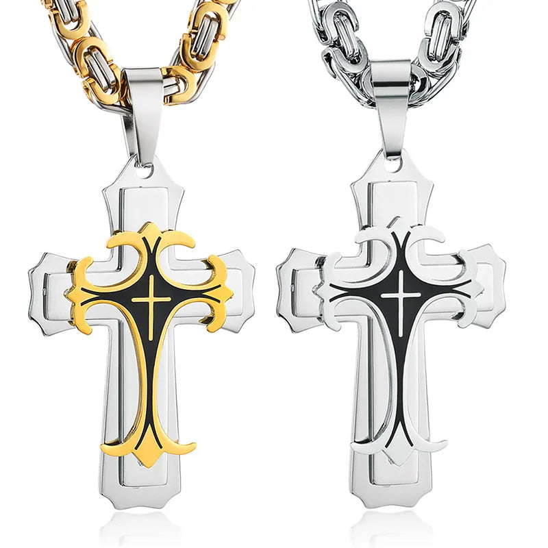 Collier croix pour homme - Croix latine chrétienne de la Trinité en acier inoxydable