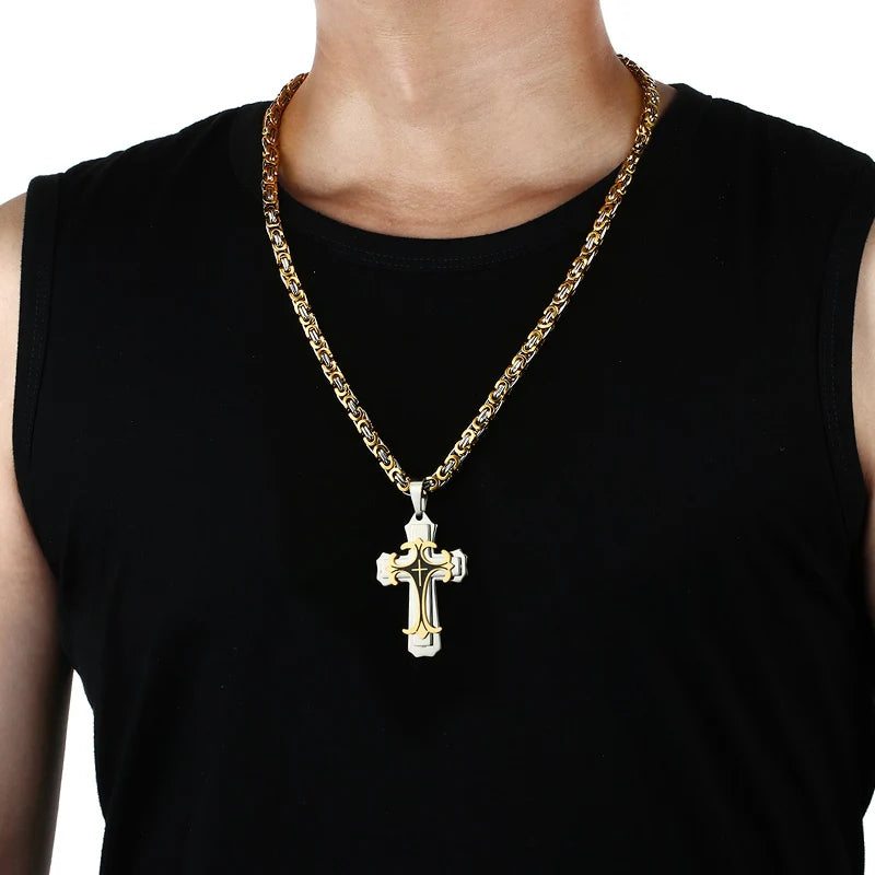 Collier croix pour homme - Croix latine chrétienne de la Trinité en acier inoxydable