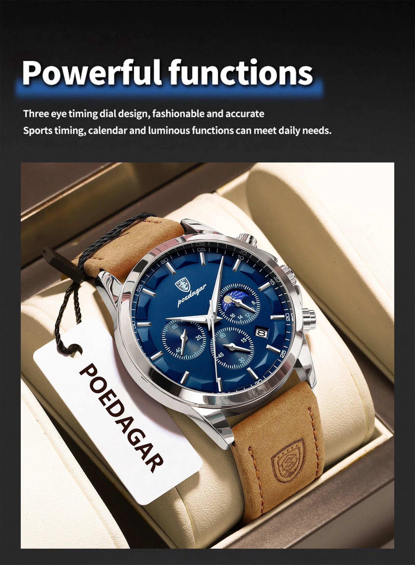 ساعة يد رجالية فاخرة من POEDAGAR مقاومة للماء كرونوغراف مضيئة مع تاريخ للرجال ساعة جلدية رياضية عسكرية كوارتز ساعات رجالية Reloj