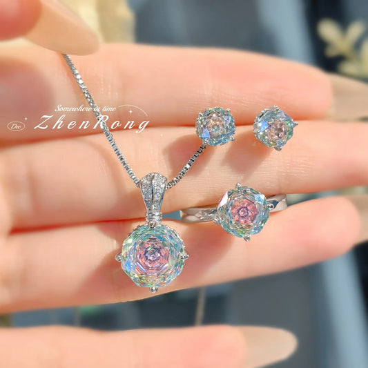 Jewelry Set - Colorful Diamond Necklace Earrings Ring Set for Women