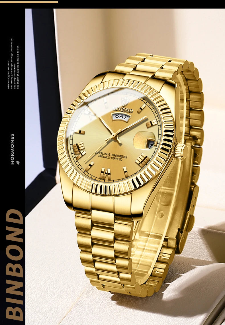 ساعة BINBOND B0733 للرجال فاخرة مقاومة للماء بتقويم مزدوج وإضاءة ليلية من الفولاذ المقاوم للصدأ كوارتز للرجال