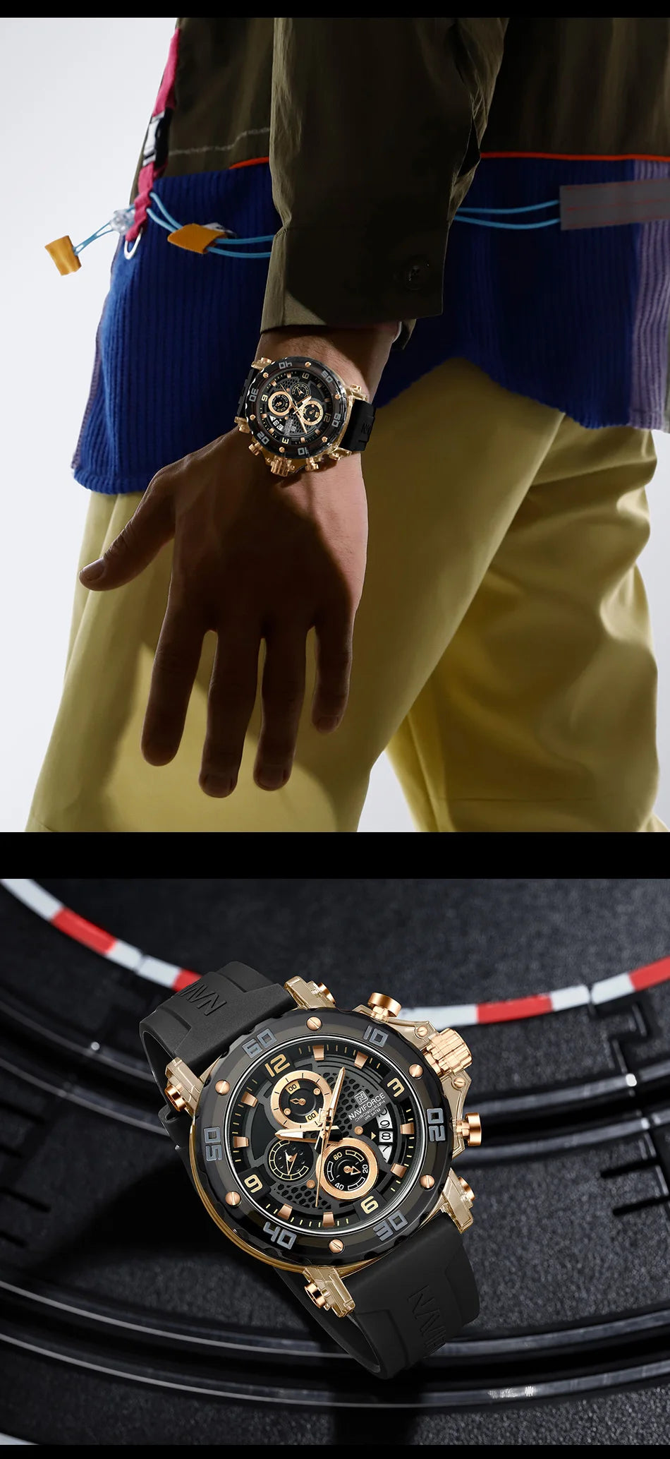 ساعة NAVIFORCE للرجال كوارتز عصرية مقاومة للماء حتى 5ATM ساعات رجالية كرونوغراف عقارب مضيئة حزام سيليكون خفيف الوزن