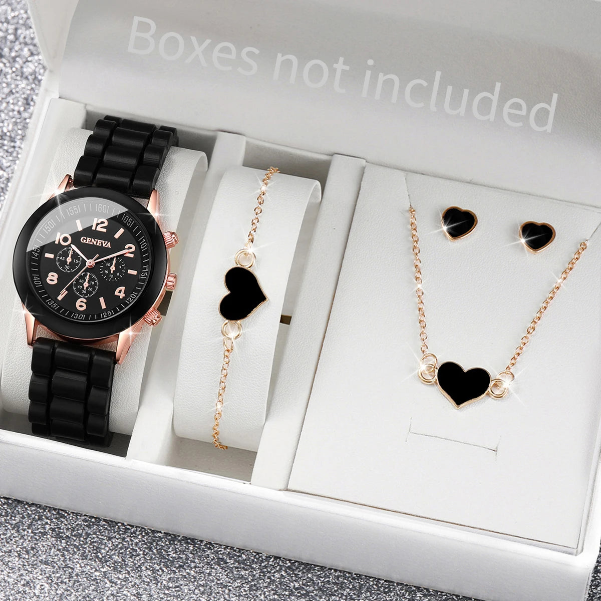Women's Watch Set - 5/6pcs Silicone Band Quartz Watches Jewelry Set