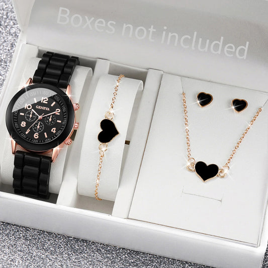 Women's Watch Set - 5/6pcs Silicone Band Quartz Watches Jewelry Set