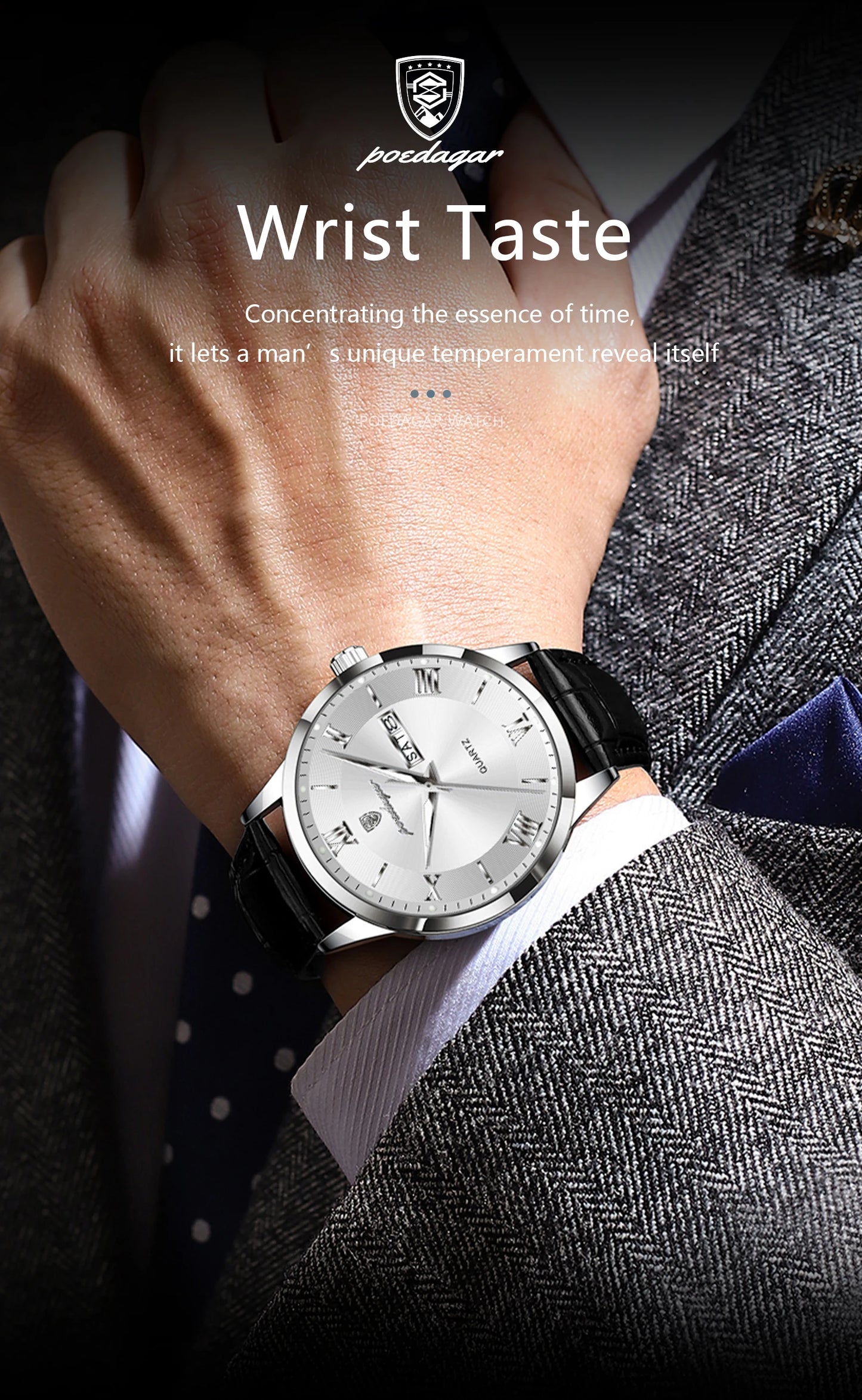 ساعة يد رجالية كلاسيكية فاخرة من POEDAGAR، ساعة رجال أعمال جلدية مقاومة للماء ومضيئة، ساعات كوارتز أنيقة للرجال