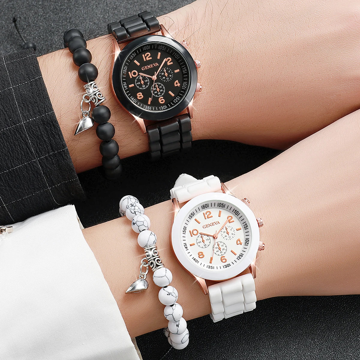 Couple Watch Set - 4pcs Arabic Silicone Band Heart Bracelet Watches