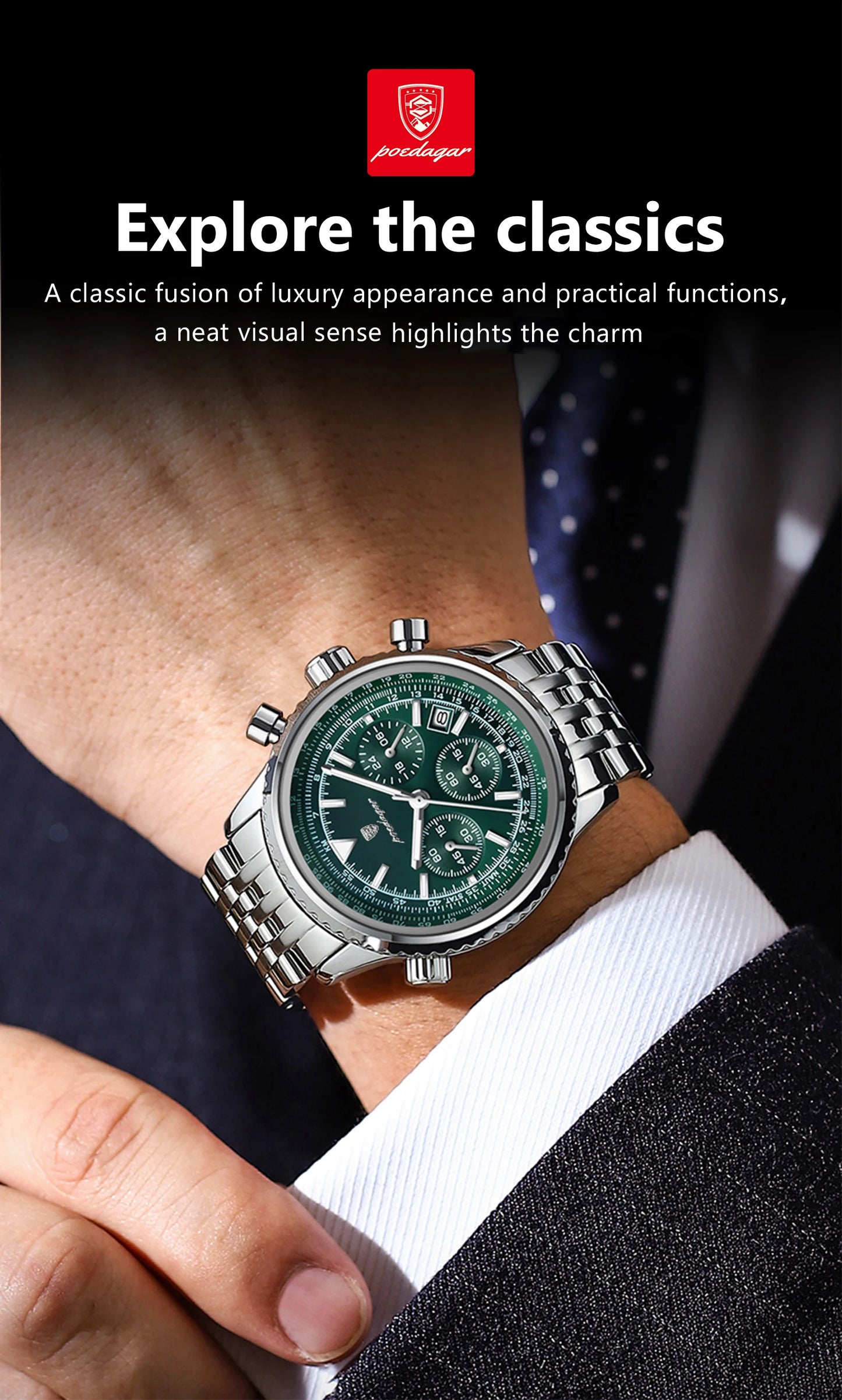 Montre-bracelet POEDAGAR pour homme, étanche, lumineuse, avec date et chronographe, de luxe, à quartz, en acier inoxydable.