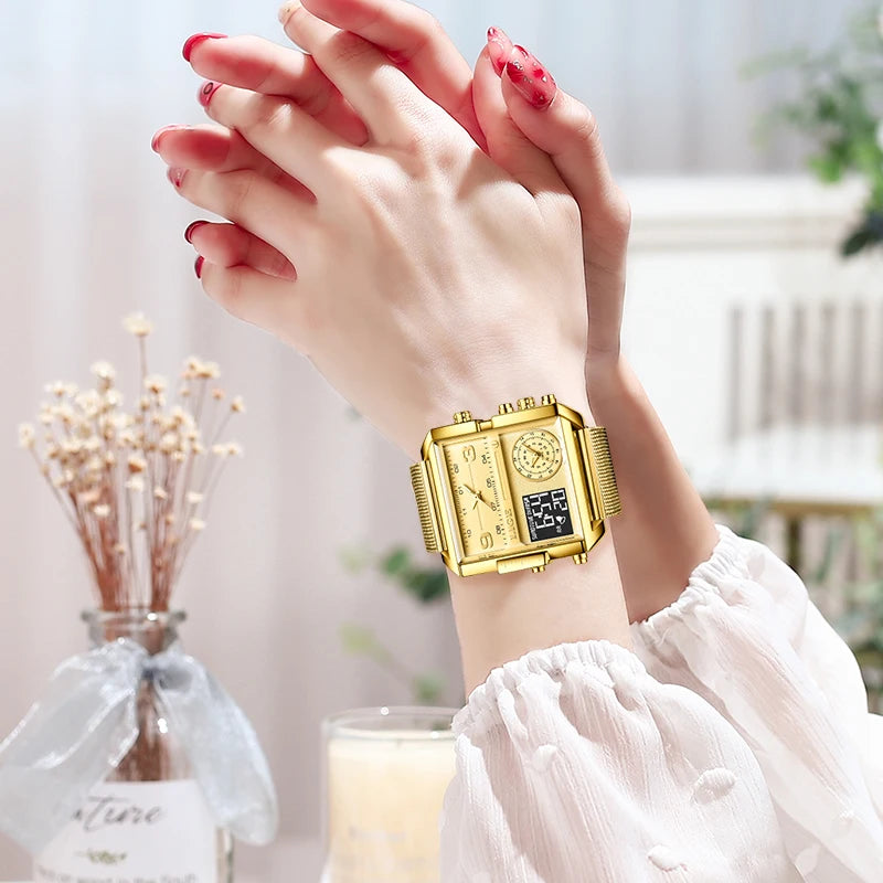 ساعة LIGE 2024 النسائية - ساعة فاخرة مربعة ذات شاشة مزدوجة