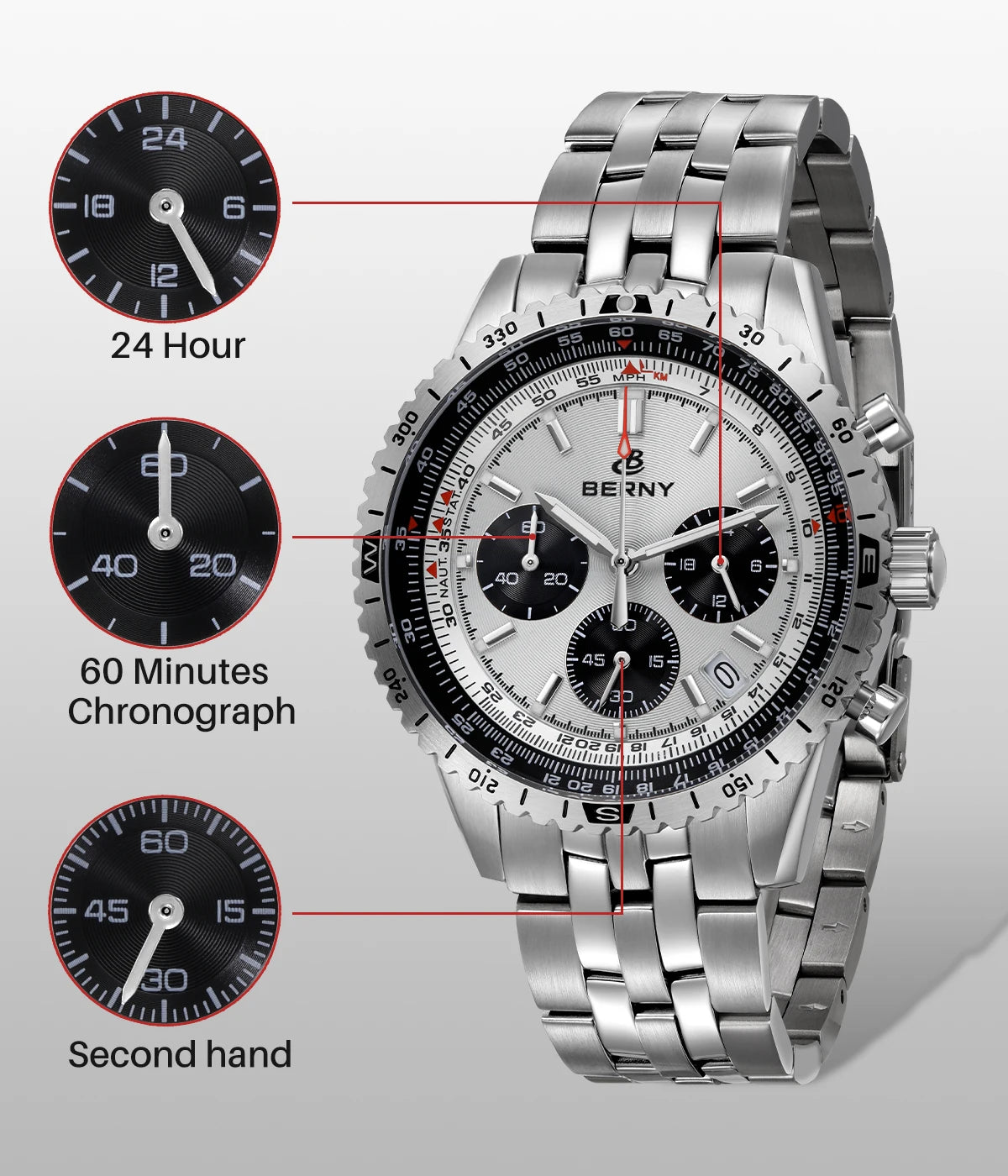Montre chronographe BERNY pour homme, montre de pilote d'aviation multifonction à quartz avec date, verre saphir et luminescence intense. Montre-bracelet de luxe.