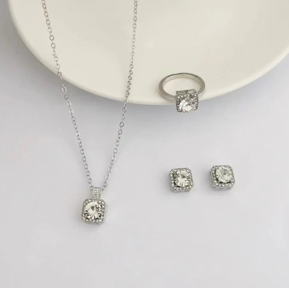 Jewelry Set - Luxury Cube Necklace Earrings Ring Valentine's Gift Set