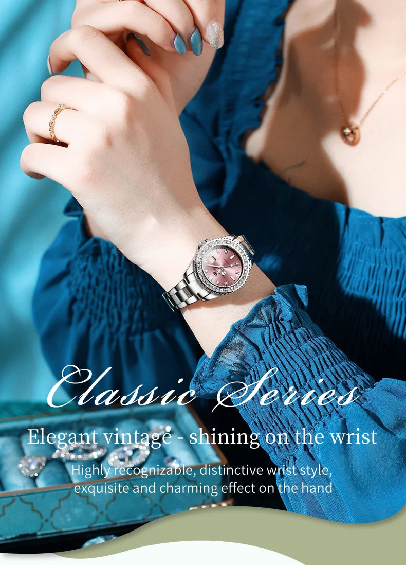 ساعة OLEVS 9945 النسائية - ساعة فاخرة من الفولاذ بتقويم ألماسي