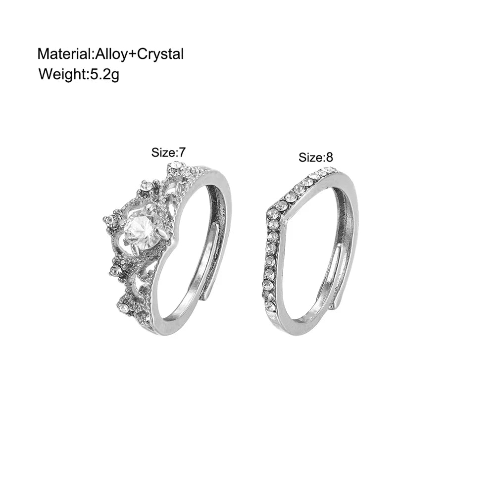 Fairy Crown Ring Set - 2pcs Sparkling Crystal Adjustable Rings