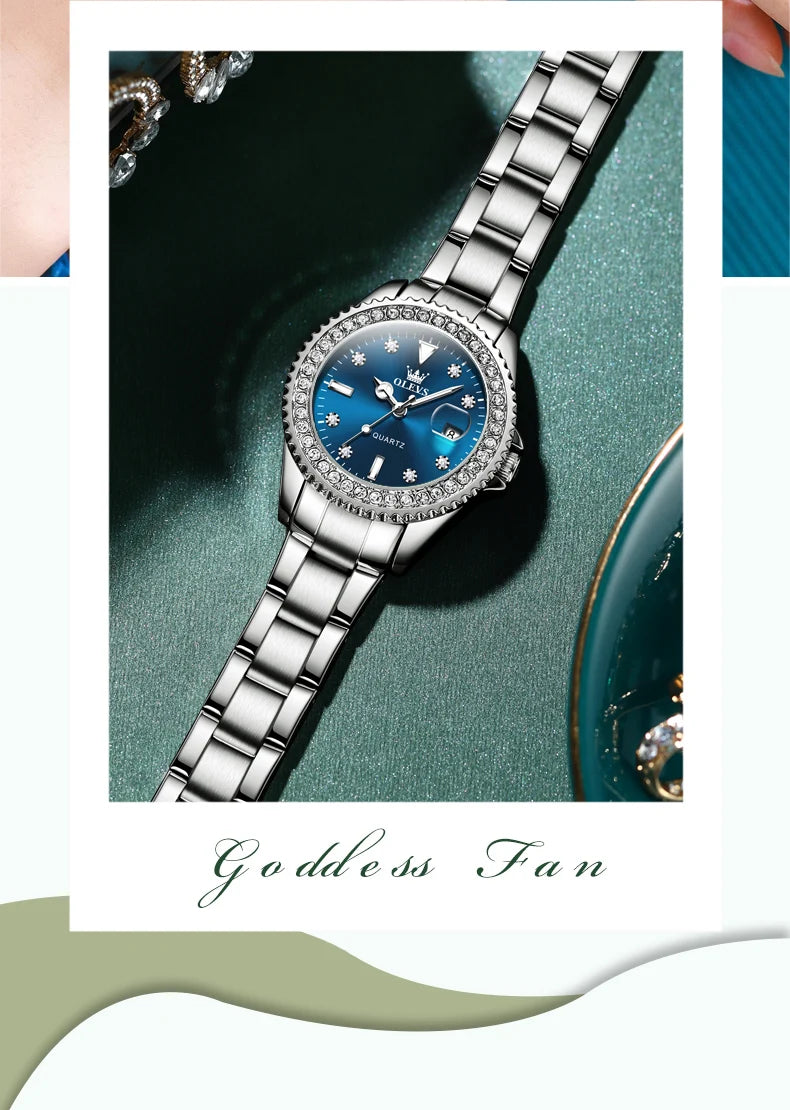ساعة OLEVS 9945 النسائية - ساعة فاخرة من الفولاذ بتقويم ألماسي