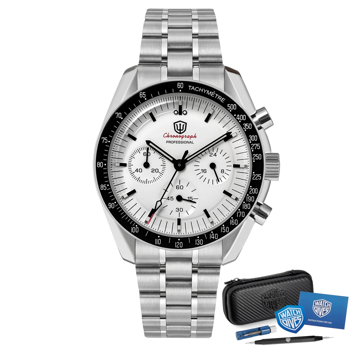 Montre Watchdives WD1863 à quartz, mouvement chronographe VK63, verre saphir bombé, étanche à 10 bar, luminescente, 39 mm, style vintage