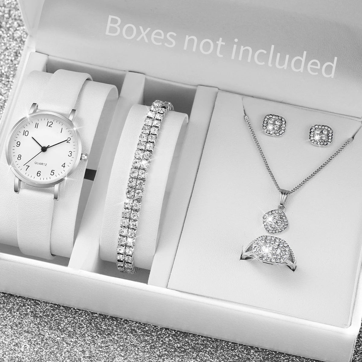 5/6 قطع ساعة كوارتز نسائية أنيقة بسوار جلدي ساعات كوارتز تناظرية مع مجوهرات ماسية (بدون علبة)