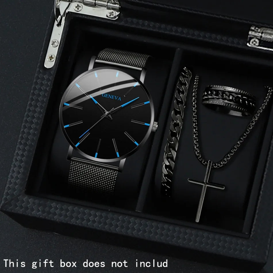 Men's Watch Set - 4pcs Casual Quartz Watch PU Leather Strap Gift Set