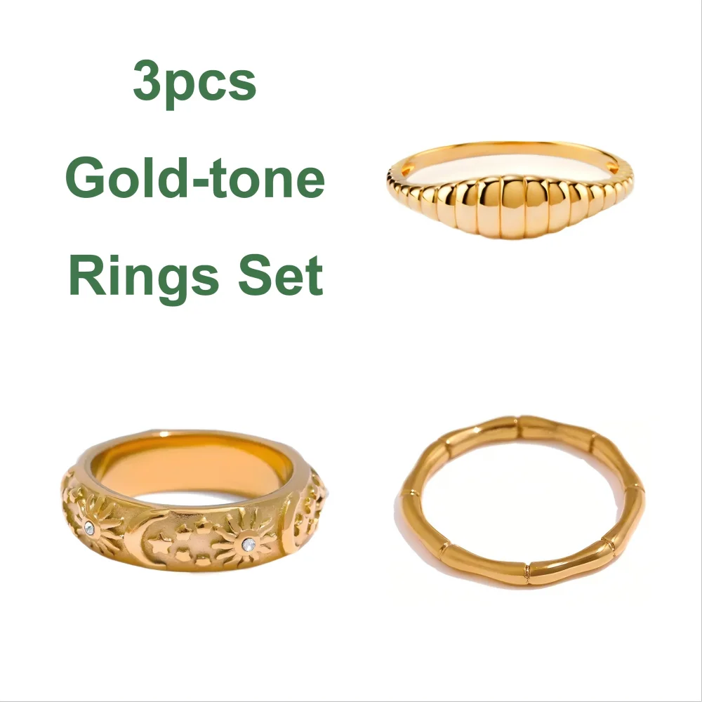 Bamboo Stackable Rings - Minimalist Gold Stainless Steel Set