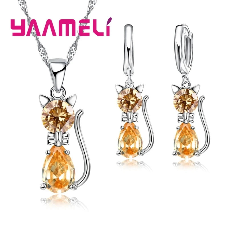 Jewelry Set - 925 Silver Cat Pendant Necklace Huggie Earring Set
