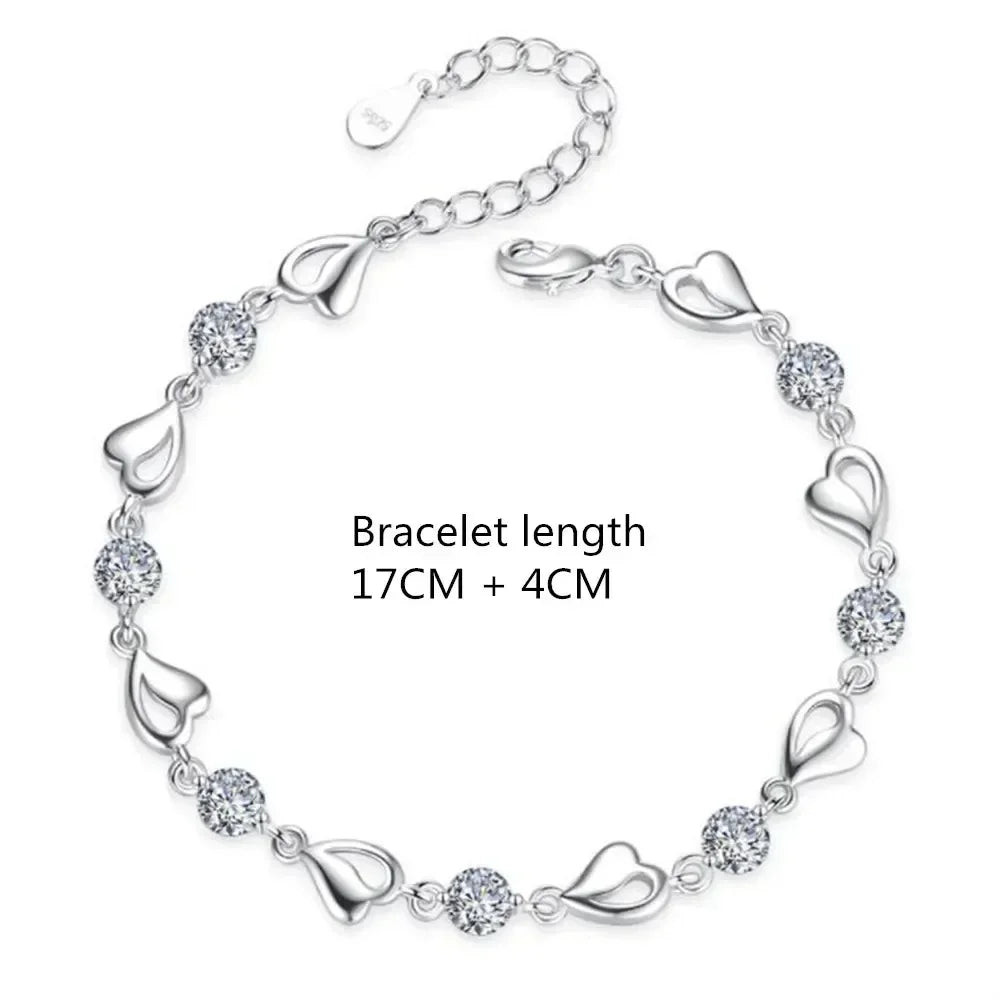 Jewelry Set - 925 Silver Heart Necklace Bracelet Korean Crystal Set