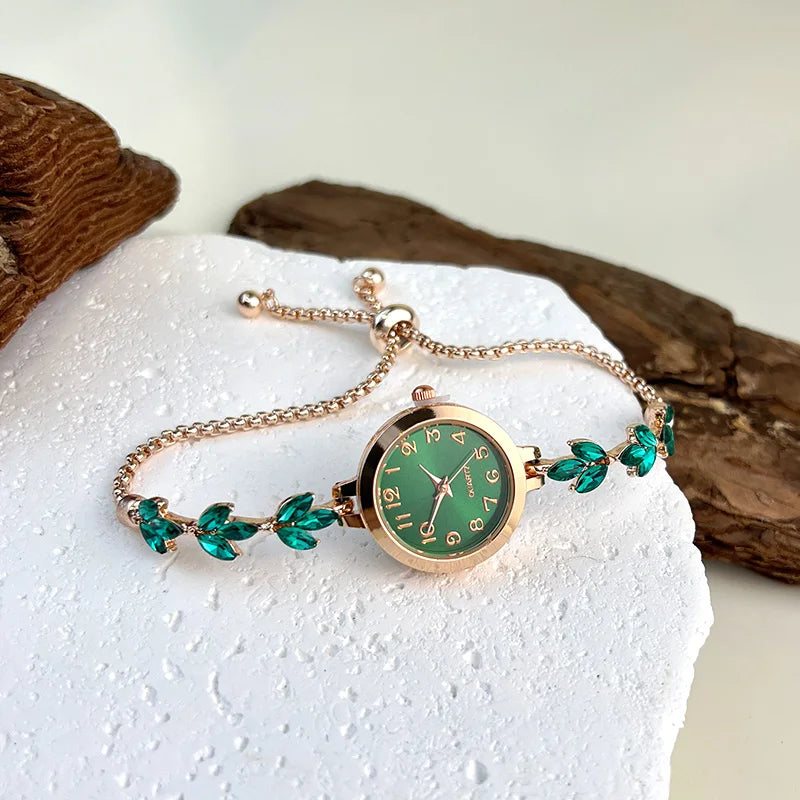 Montre à quartz pour femme - Bracelet en diamant feuille, montre élégante