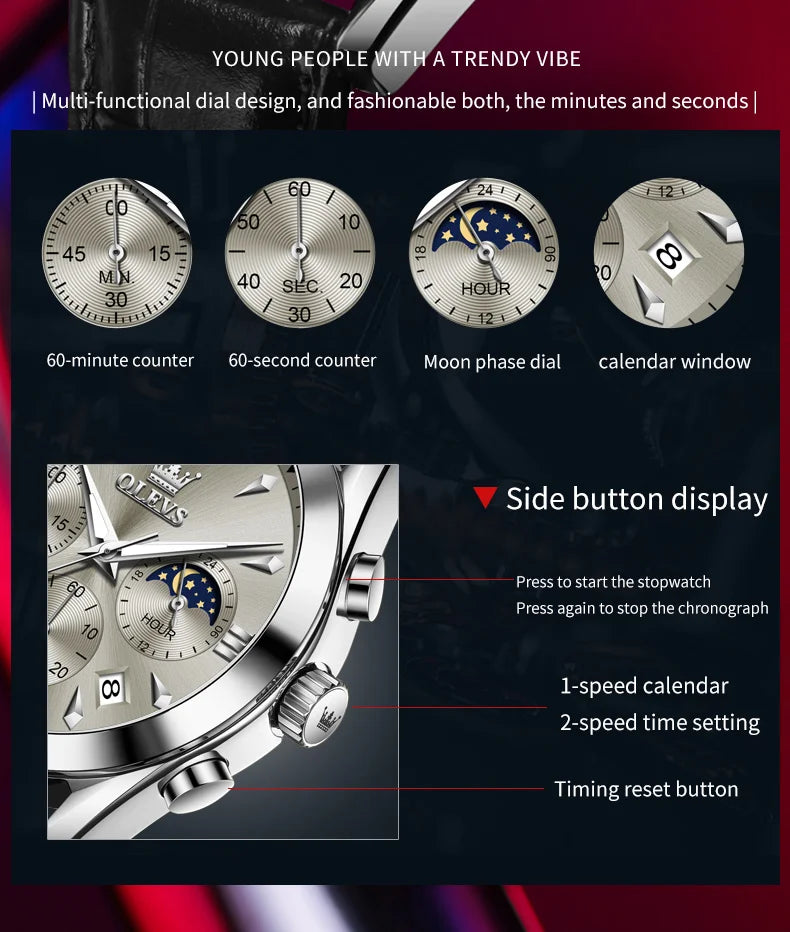 ساعة OLEVS 3609 الأصلية كرونوغراف بمرحلة القمر للرجال بحزام جلدي مقاوم للماء ومضيئة من ماركة فاخرة ساعات معصم كوارتز للرجال