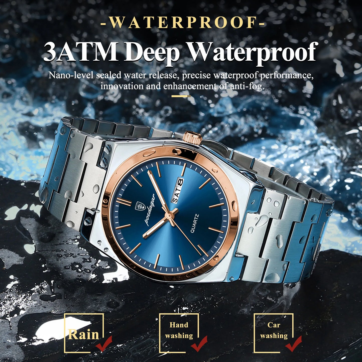 ساعة رجالية ماركة POEDAGAR للأزياء من الفولاذ المقاوم للصدأ مقاومة للماء ومضيئة للرجال ساعة تاريخ الأسبوع ساعات عمل كوارتز للرجال Reloj