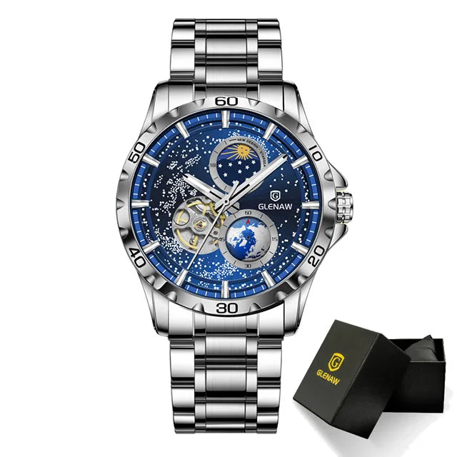 Montre-bracelet GLENAW à double trotteuse rotative pour homme, automatique, mécanique, ciel étoilé, acier inoxydable, bracelet en cuir, motif Terre étoilée