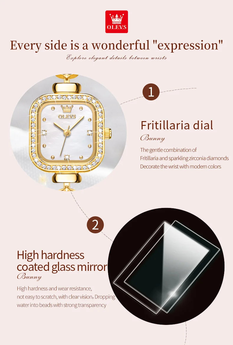 ساعة OLEVS 9987 النسائية - ساعة مربعة مقاومة للماء بسوار فولاذي