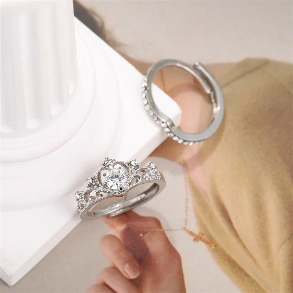 Fairy Crown Ring Set - 2pcs Sparkling Crystal Adjustable Rings