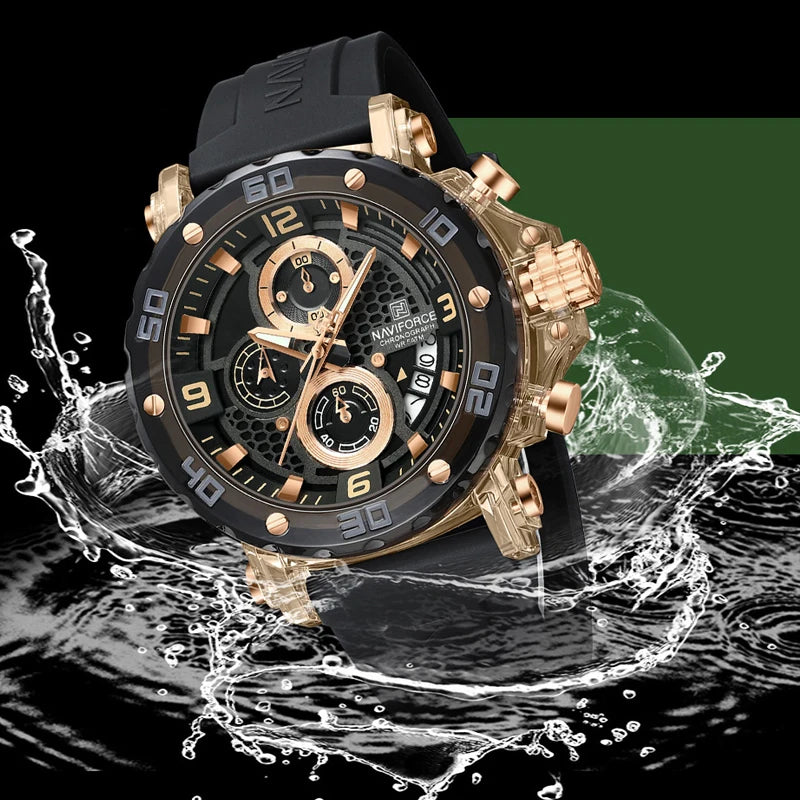 ساعة NAVIFORCE للرجال كوارتز عصرية مقاومة للماء حتى 5ATM ساعات رجالية كرونوغراف عقارب مضيئة حزام سيليكون خفيف الوزن
