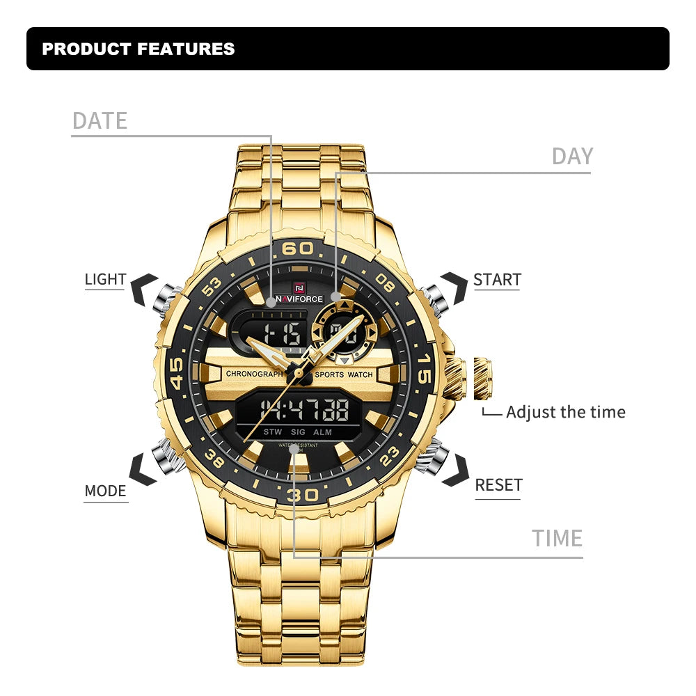 ساعة NAVIFORCE الرياضية الفاخرة للرجال مقاومة للماء وحركة كوارتز كرونوغراف وسوار فولاذي وعرض التاريخ والأسبوع الرقمي