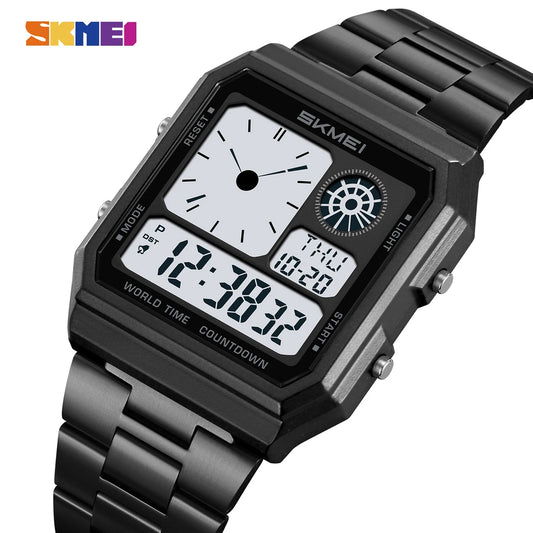 Montre électronique numérique SKMEI World Time pour hommes et femmes, étanche, idéale pour les activités de plein air, bracelet en acier inoxydable.