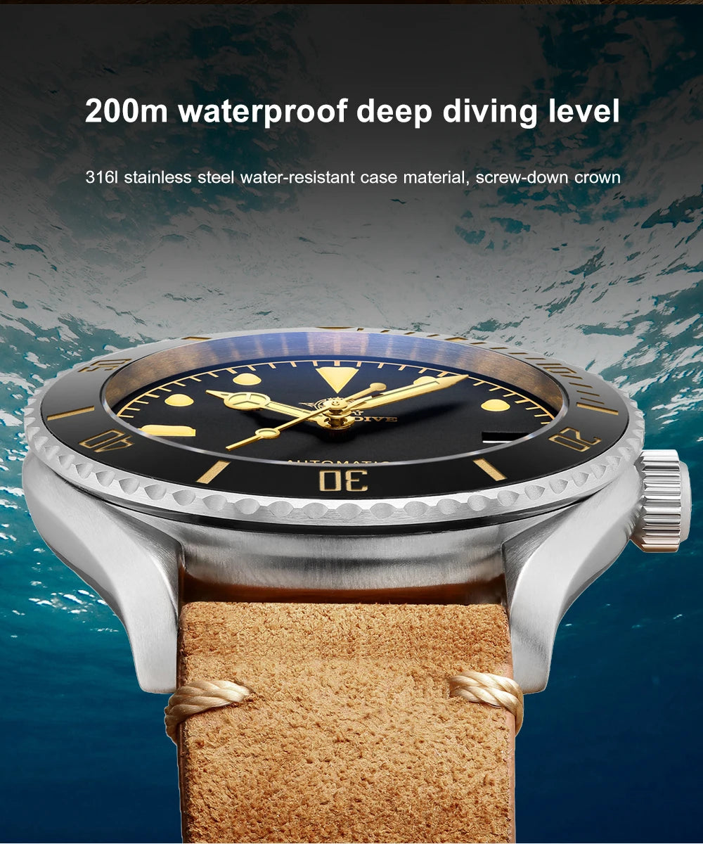 ساعة يد ADDIESDIVE Business Vintage Leather مقاومة للماء أوتوماتيكية ميكانيكية من الفولاذ للرجال ساعة كاجوال أوروبية أمريكية