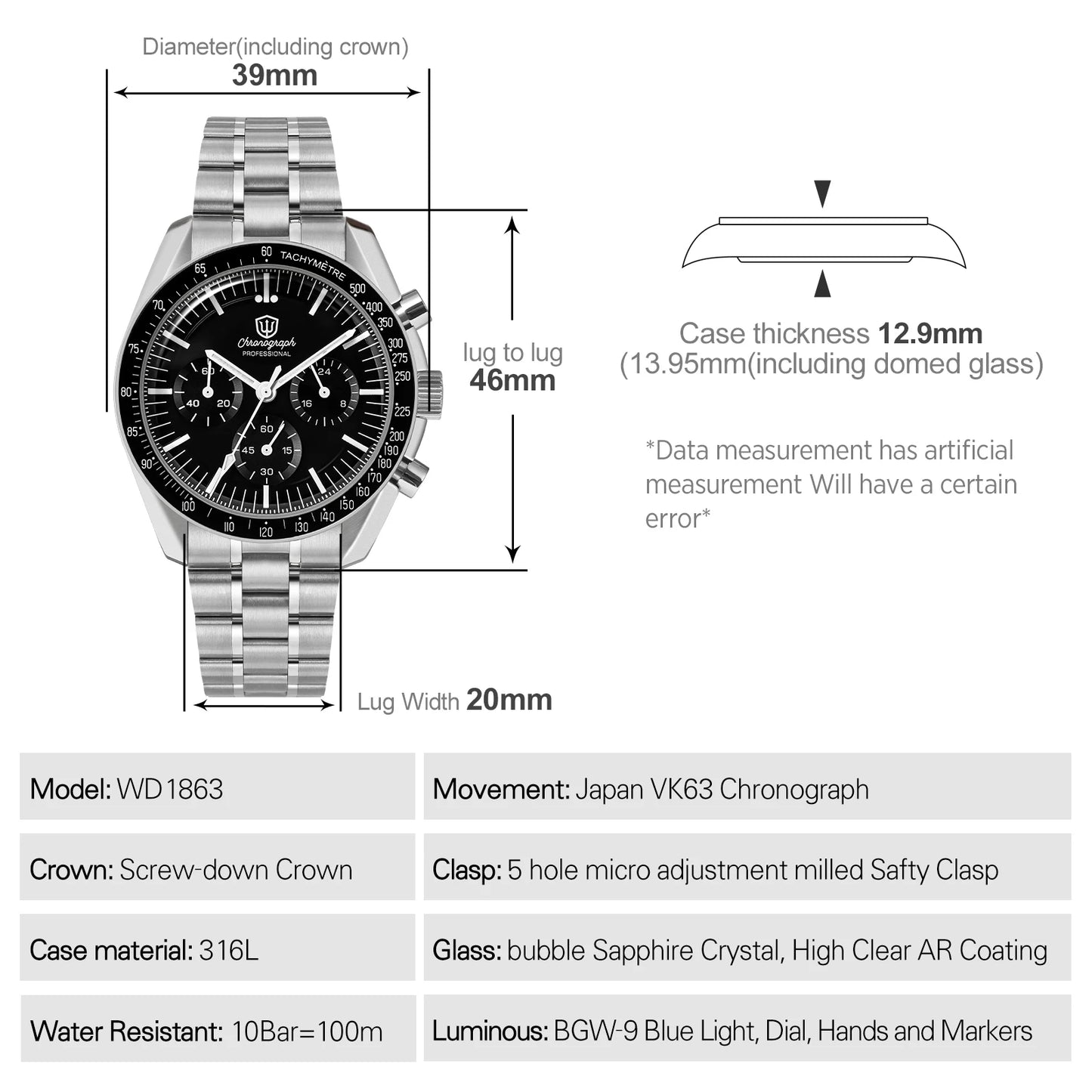 Montre Watchdives WD1863 à quartz, mouvement chronographe VK63, verre saphir bombé, étanche à 10 bar, luminescente, 39 mm, style vintage