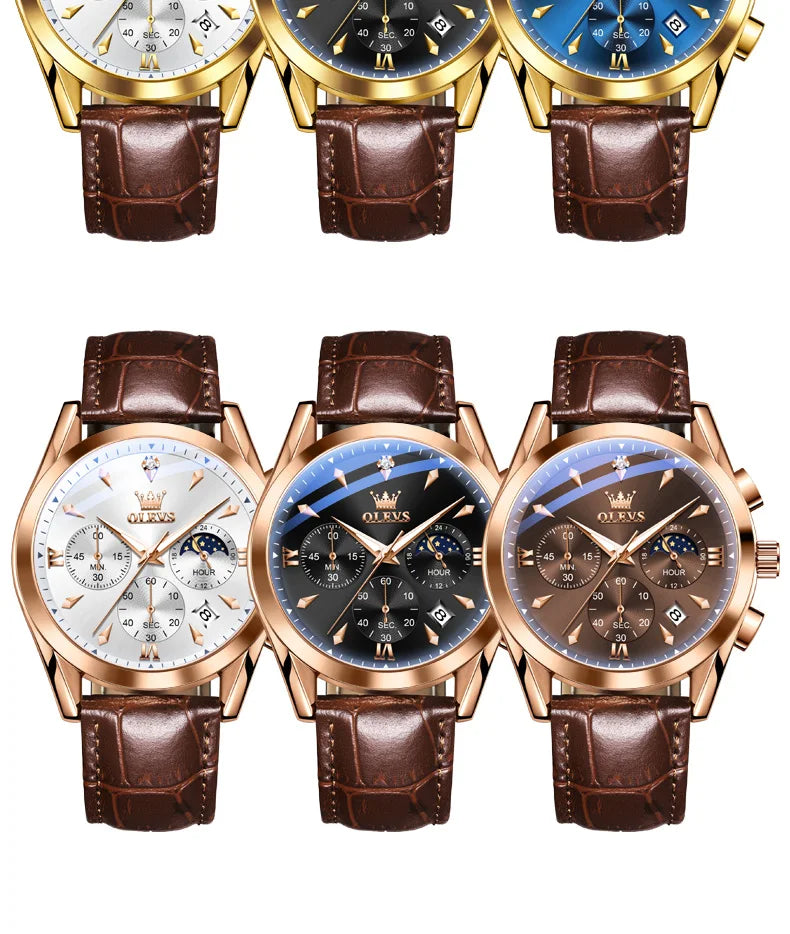 ساعة OLEVS 3609 الأصلية كرونوغراف بمرحلة القمر للرجال بحزام جلدي مقاوم للماء ومضيئة من ماركة فاخرة ساعات معصم كوارتز للرجال