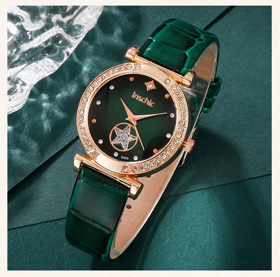 6PCS Set Green Luxury Quartz Watch Women Ring Necklace Earring Rhinestone Fashion Wristwatch Casual Ladies Bracelet Watches