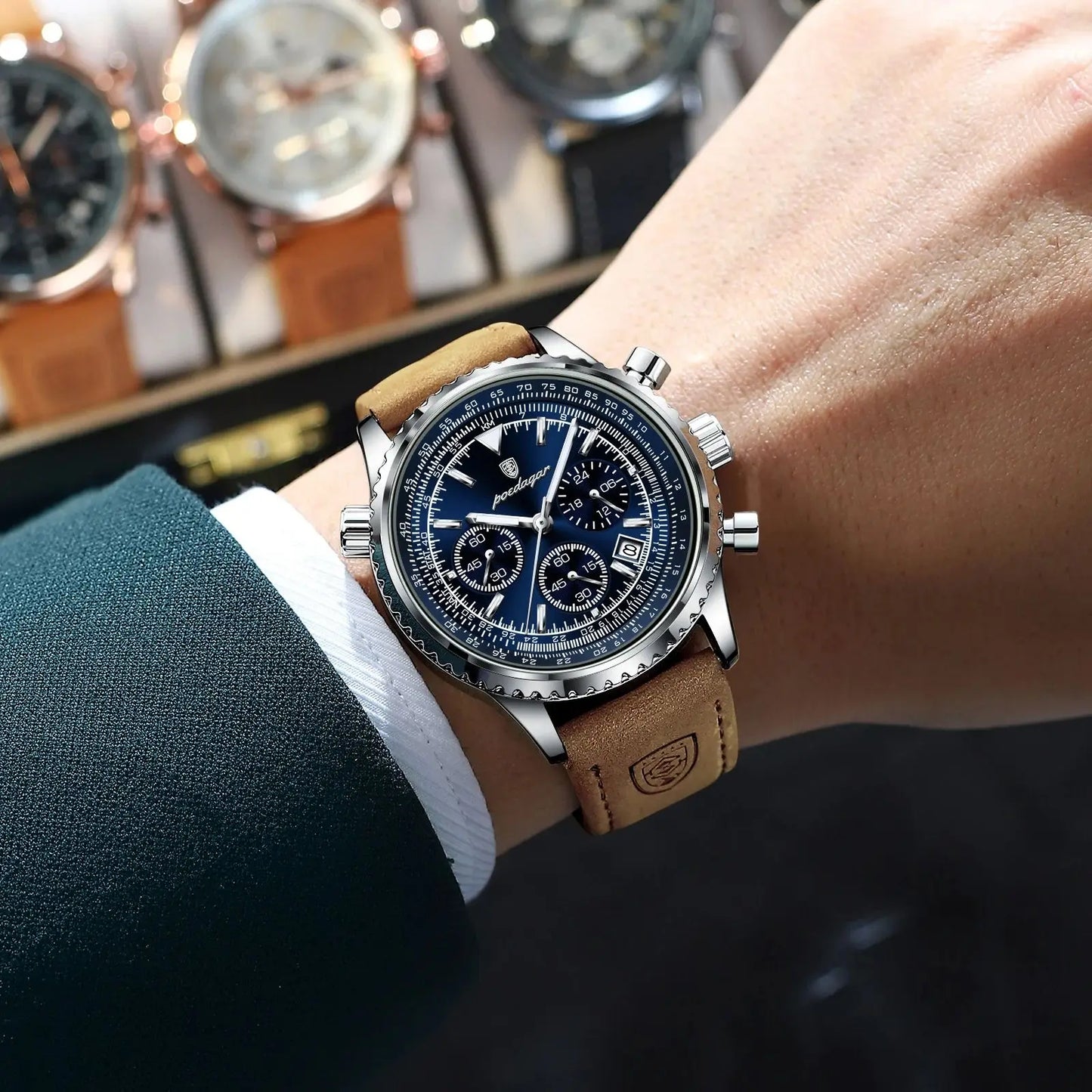 ساعة رجالية فاخرة من ماركة POEDAGAR مقاومة للماء ومضيئة وتاريخ كرونوغراف من الجلد ساعة رجالية كوارتز ساعات عمل أنيقة للرجال